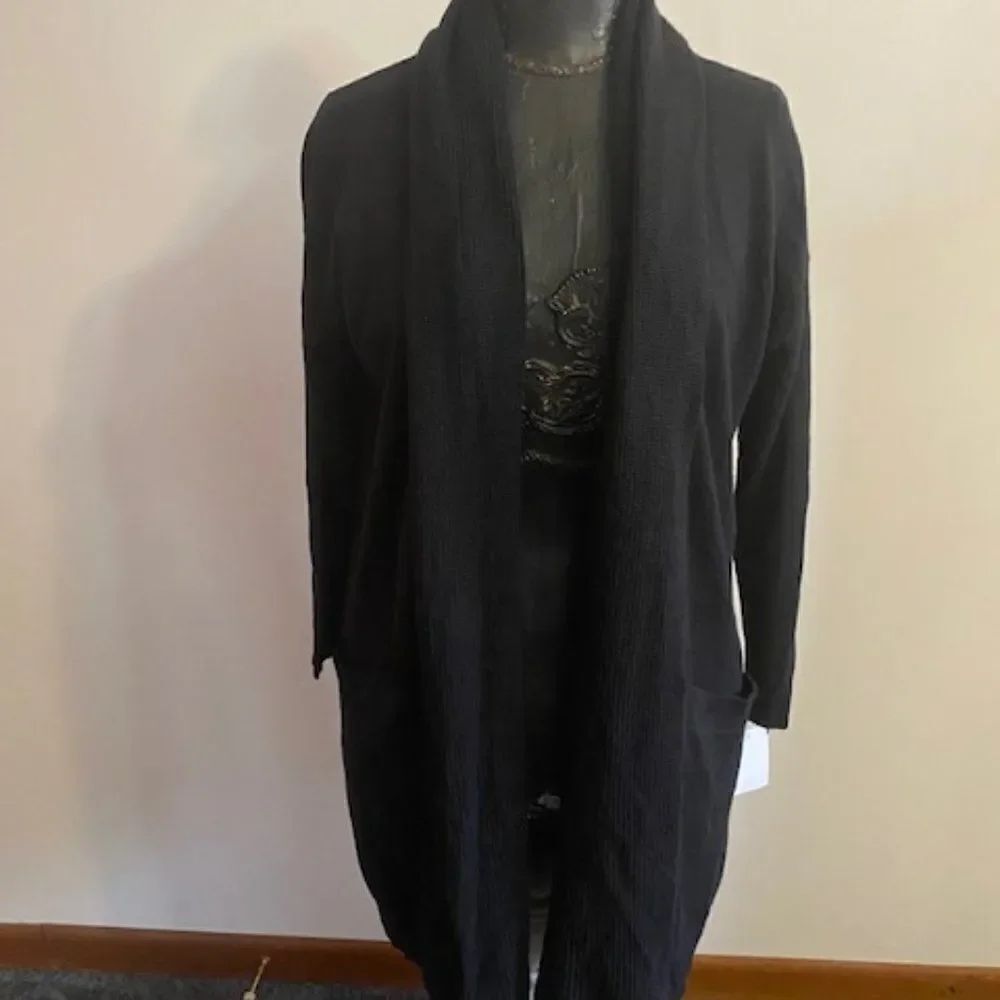 Joan Vass Black Knit open cardigan with detachable scarf, size M